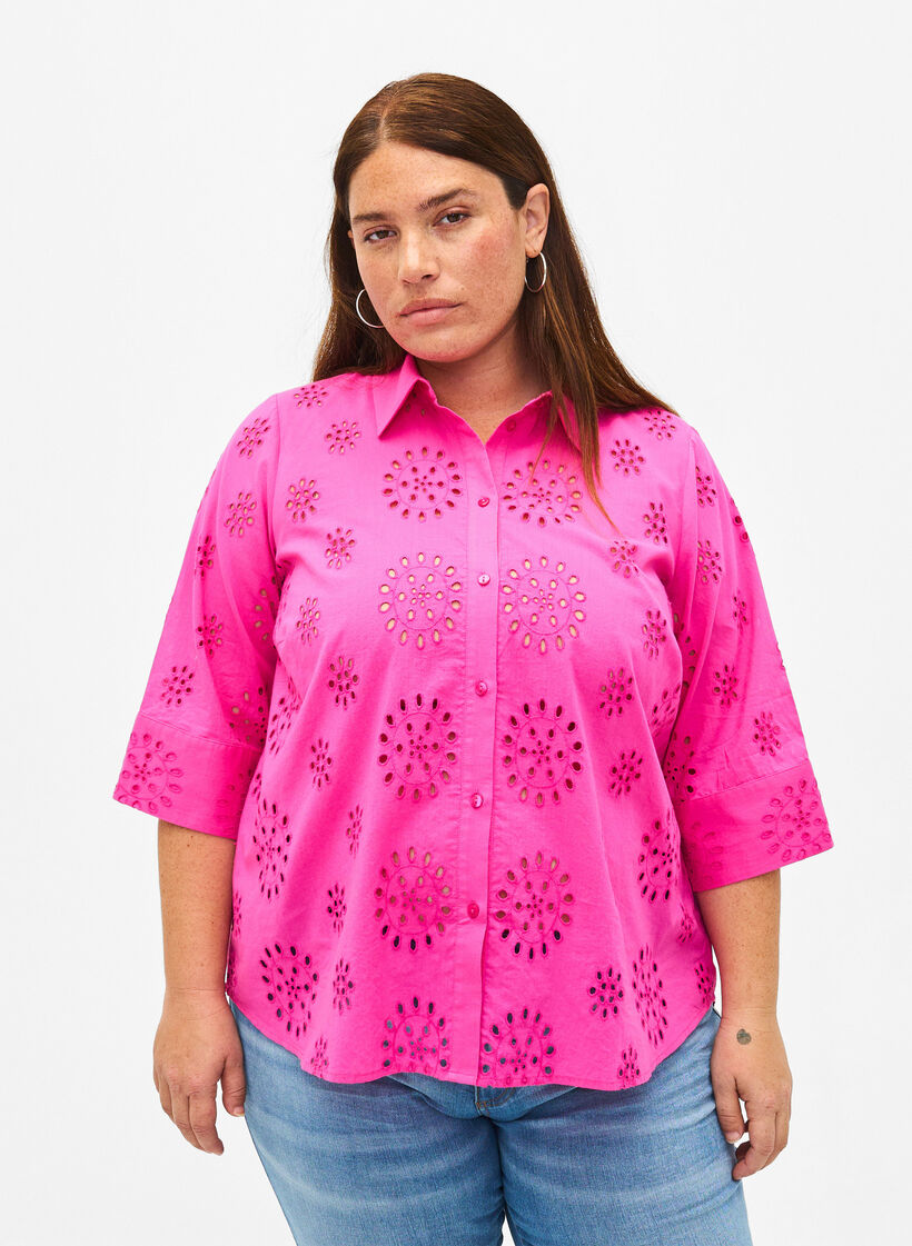 Skjortebluse med broderi anglaise og 3/4 ærmer, Raspberry Rose, Model image number 0