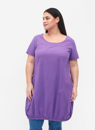 Kortærmet kjole i bomuld, Deep Lavender, Model image number 0