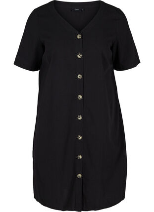 Kortærmet bomulds kjole med knapper, Black, Packshot image number 0