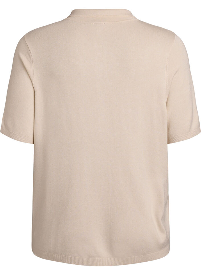 Finstrikket poloshirt med korte &aelig;rmer, Beige, Packshot image number 1