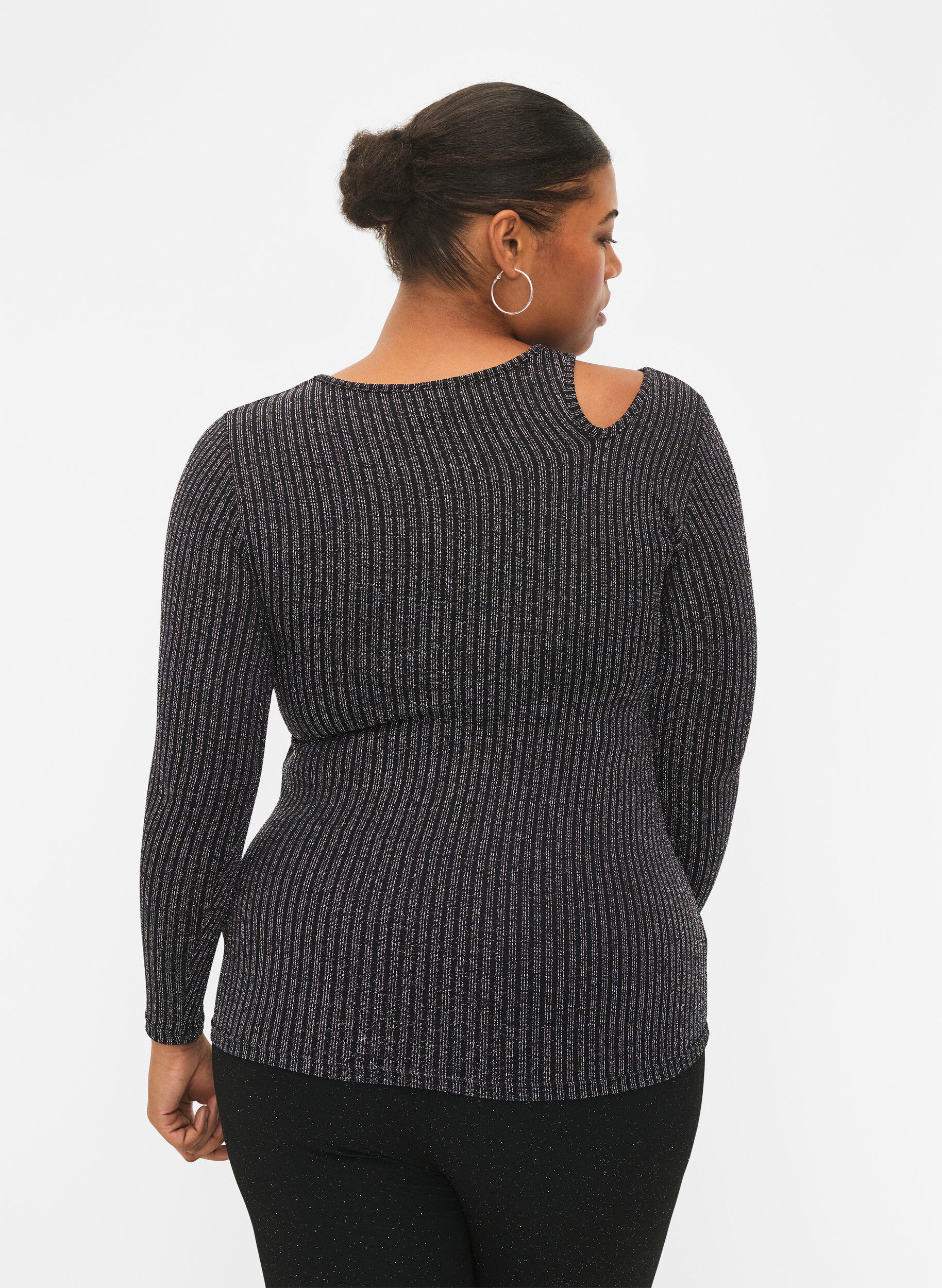 Zizzi Lang&aelig;rmet cut-out bluse med glitter, B. w. Silver Stripes, Model image number 1