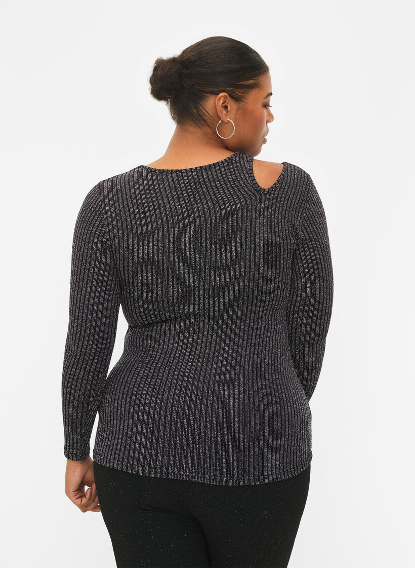 Langærmet cut-out bluse med glitter, B. w. Silver Stripes, Model image number 1