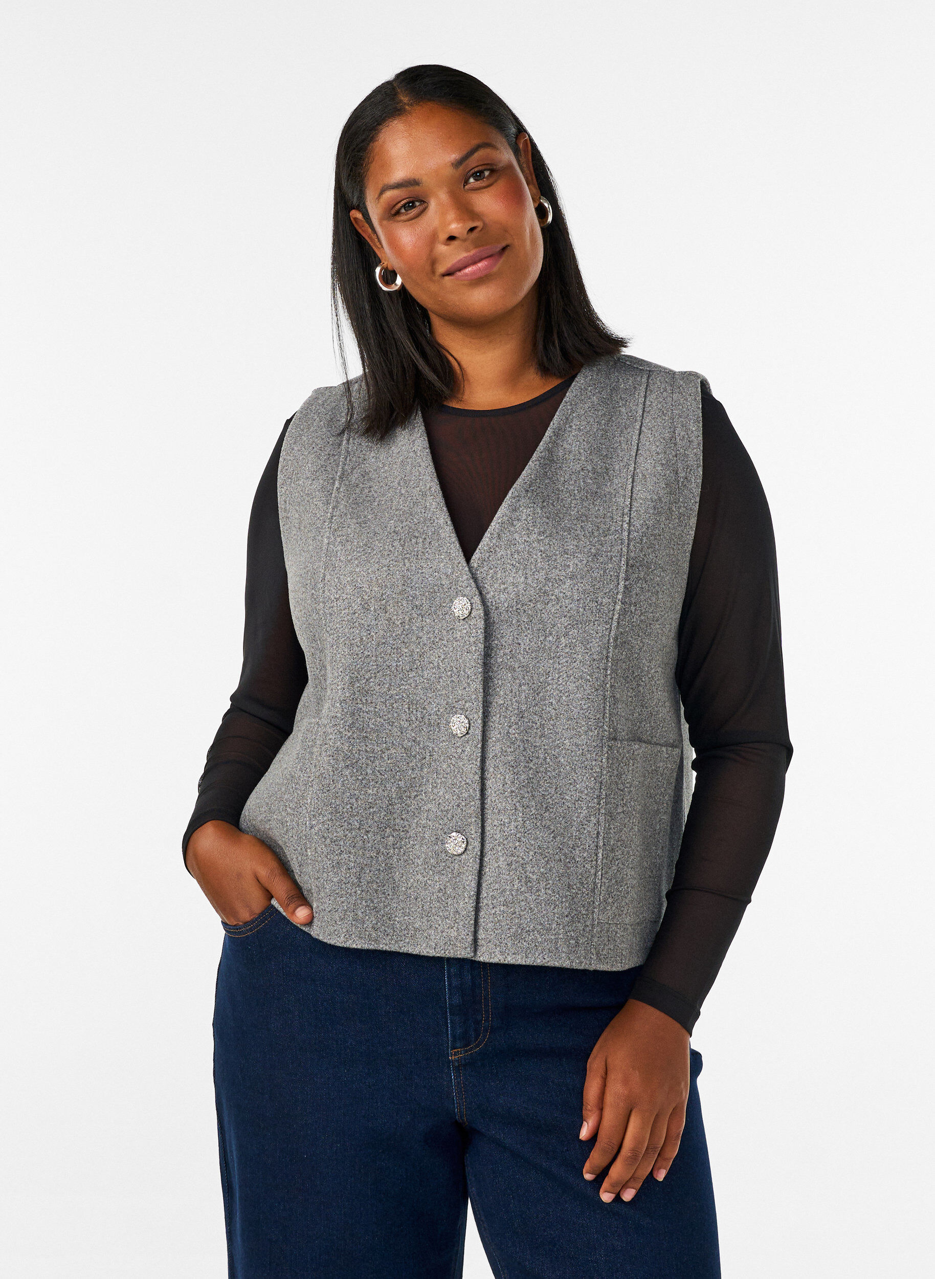 Vest med V-hals og knapper, Gr&aring;, Model