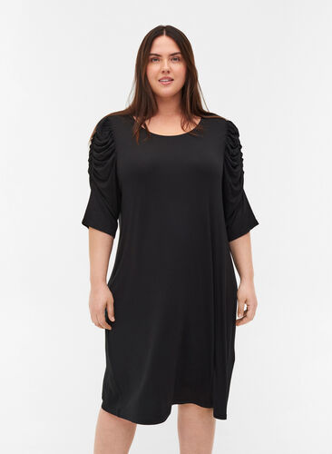 Ensfarvet kjole i viskose med 2/4 ærmer, Black, Model image number 0