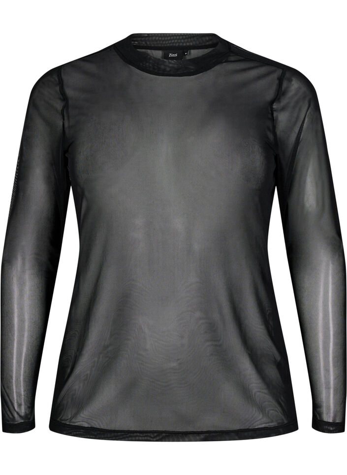 Ensfarvet mesh bluse, Sort, Packshot image number 0