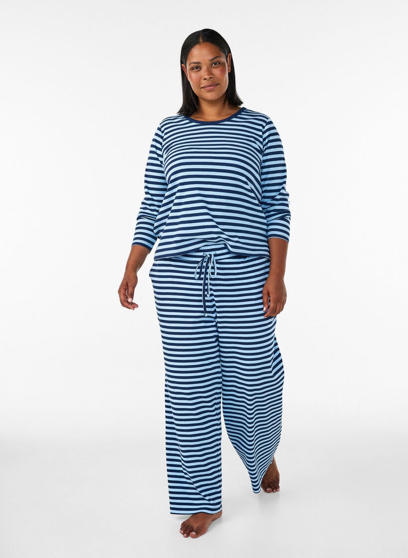 Lang&aelig;rmet natbluse i rib jersey med striber, Bl&aring;, Model image number 1