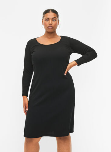 Tætsiddende kjole med lange ærmer og slids, Black, Model image number 0