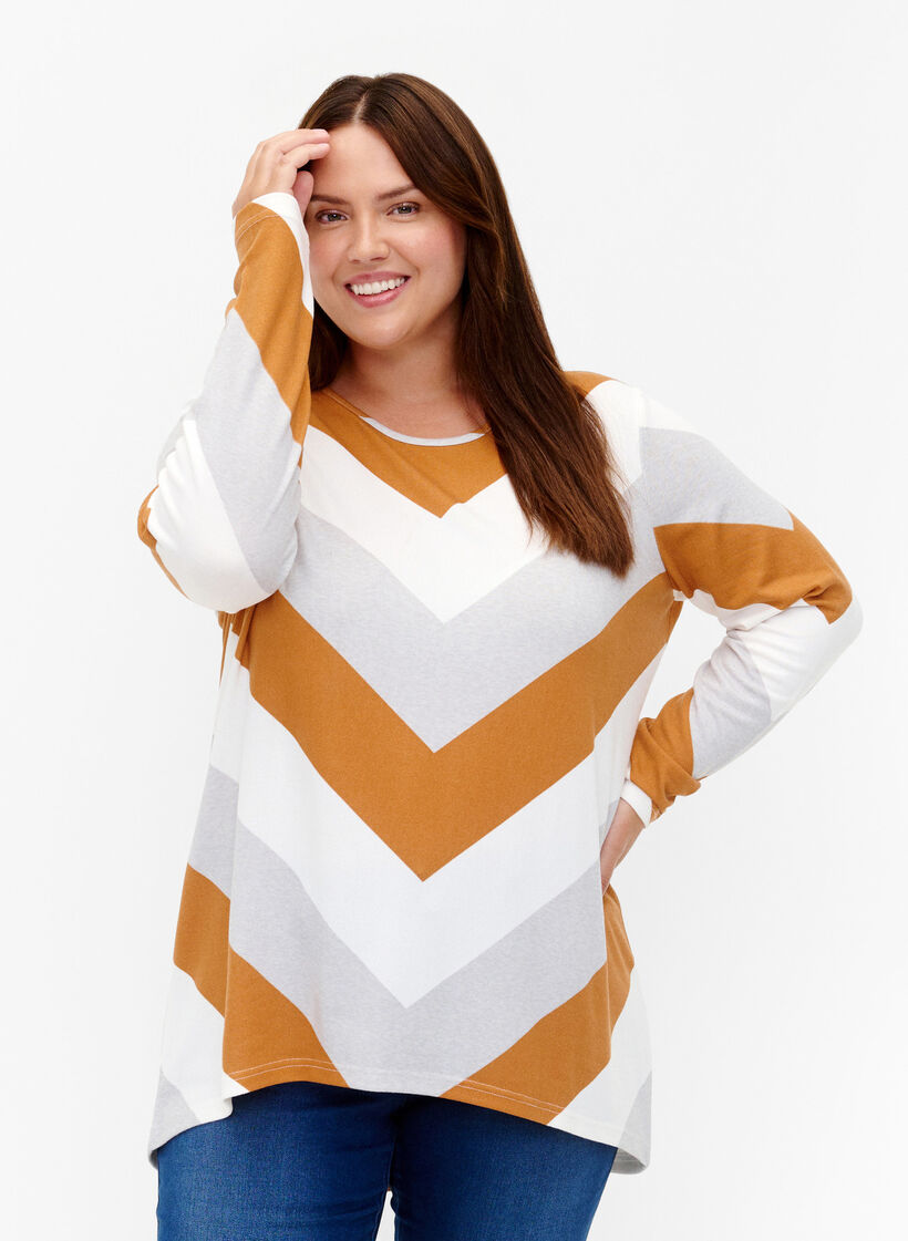 Mønstret bluse med lange ærmer, Beige Zig Zag, Model image number 0