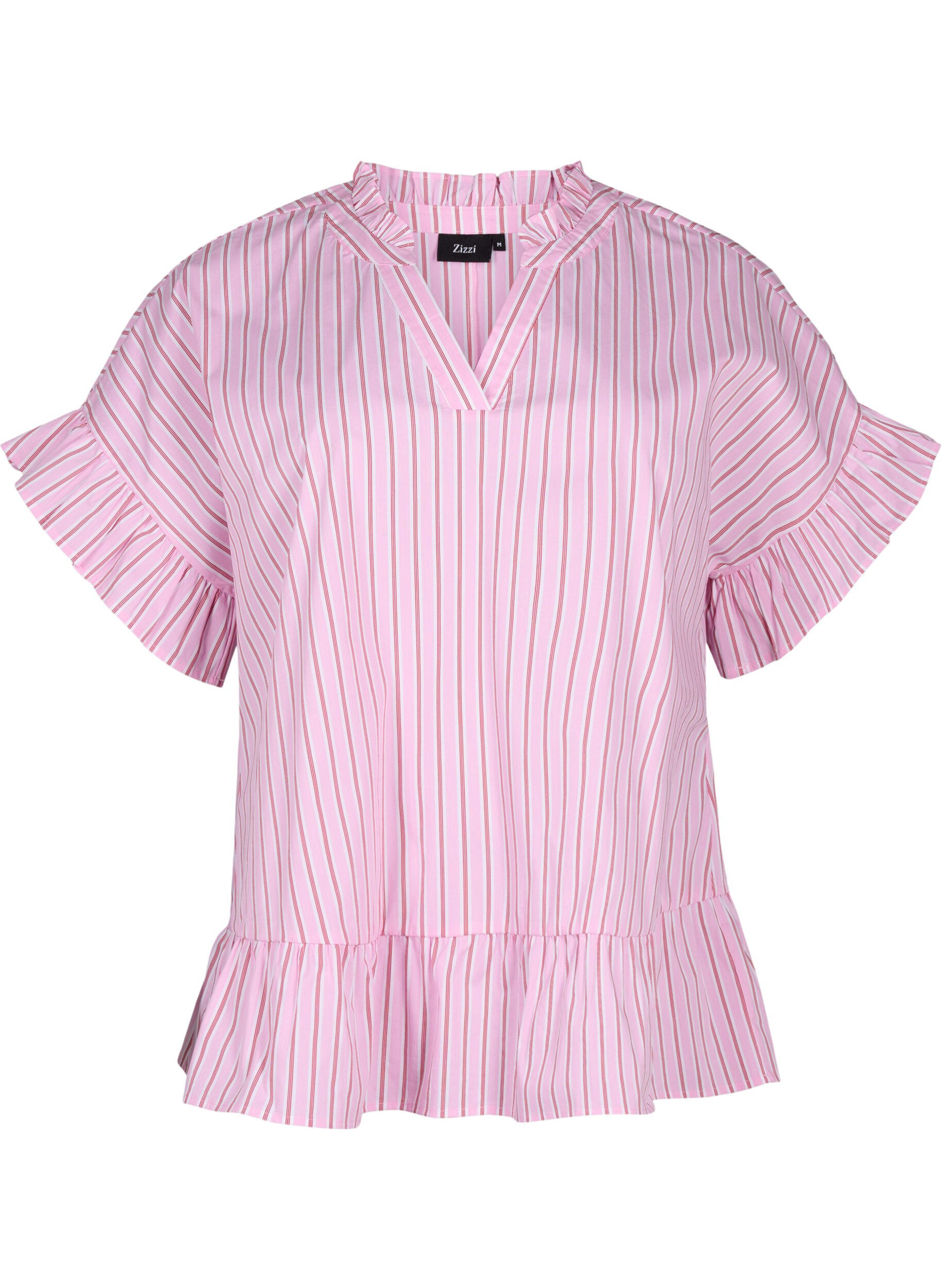 Zizzi Stribet bluse med peplum og fl&aelig;sedetaljer, Pink Red Stripe, Packshot image number 0