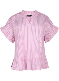 Stribet bluse med peplum og flæsedetaljer, Pink Red Stripe