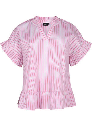 Stribet bluse med peplum og flæsedetaljer, Pink Red Stripe, Packshot image number 0