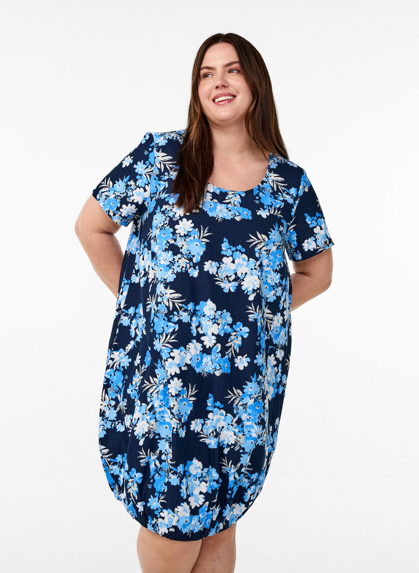Kort&aelig;rmet bomuldskjole med print, Bl&aring;, Model image number 0