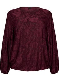 Transparent bluse med blomsterstruktur og lange &aelig;rmer, R&oslash;d