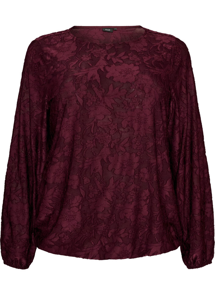 Transparent bluse med blomsterstruktur og lange &aelig;rmer, R&oslash;d, Packshot image number 0