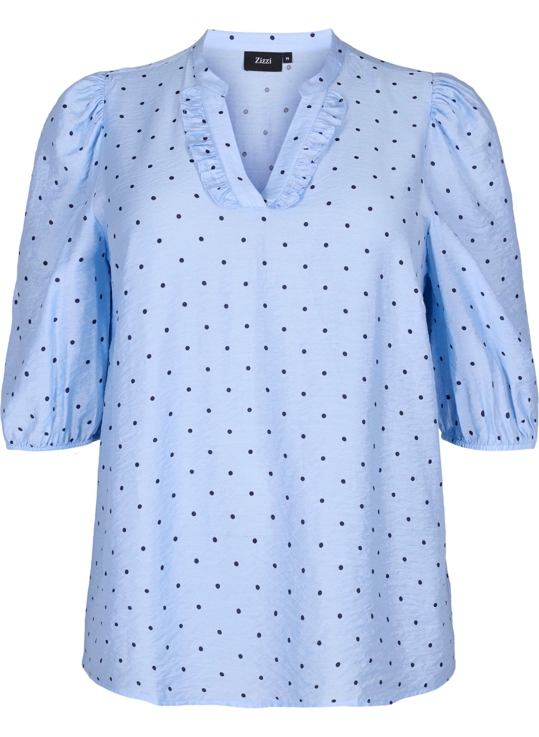 Zizzi Prikket bluse med 3/4 &aelig;rmer i viskosekvalitet, Light Blue Dot, Packshot image number 0
