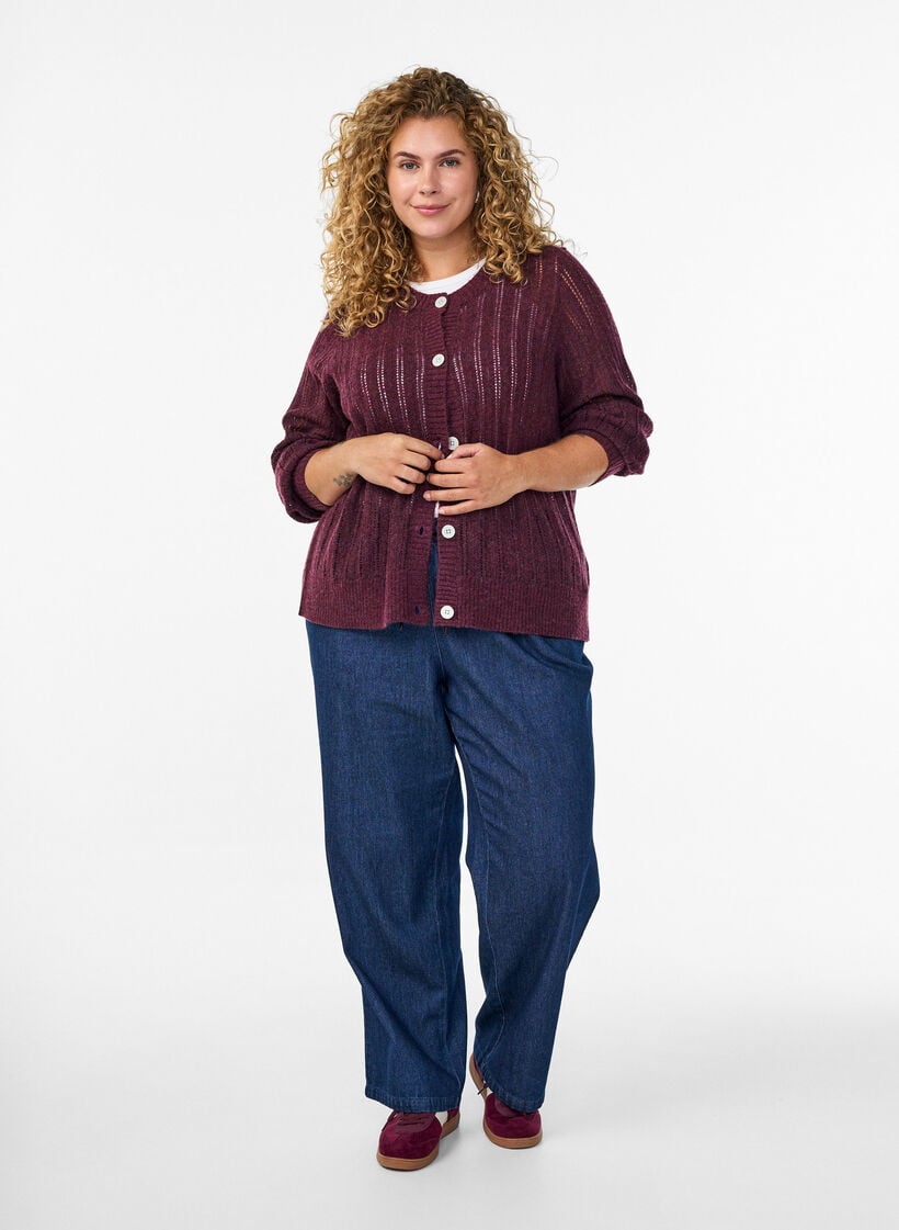 Strikket cardigan med hulm&oslash;nster, M&oslash;rk Bordeaux, Model image number 1