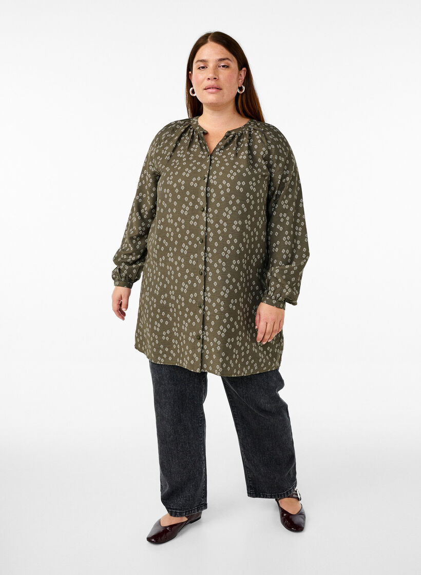 Langærmet tunika med blomsterprint, Grøn, Model image number 1