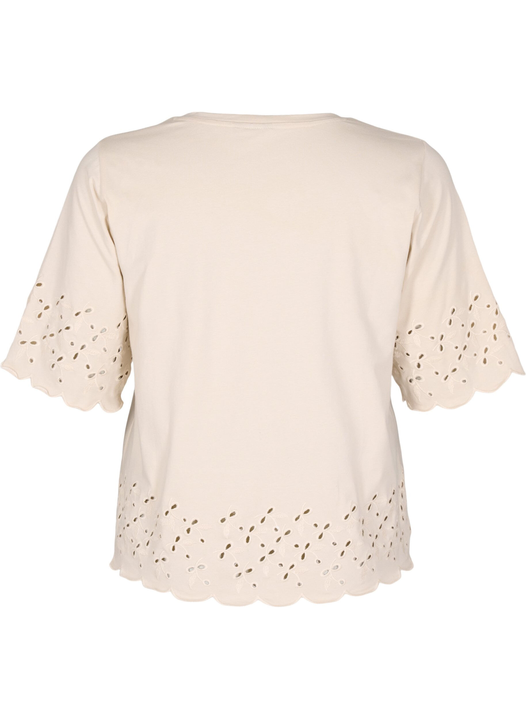 Zizzi T-shirt med broderie anglaise og b&oslash;lgekanter, Beige, Packshot image number 1