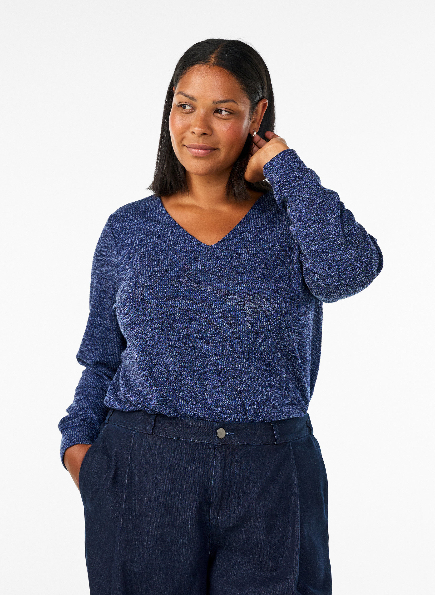 ZizziJerseybluse med V-hals og lange &aelig;rmer, Bl&aring;, Model image number 0