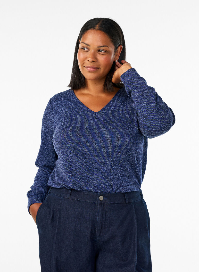 Jerseybluse med V-hals og lange &aelig;rmer, Bl&aring;, Model image number 0