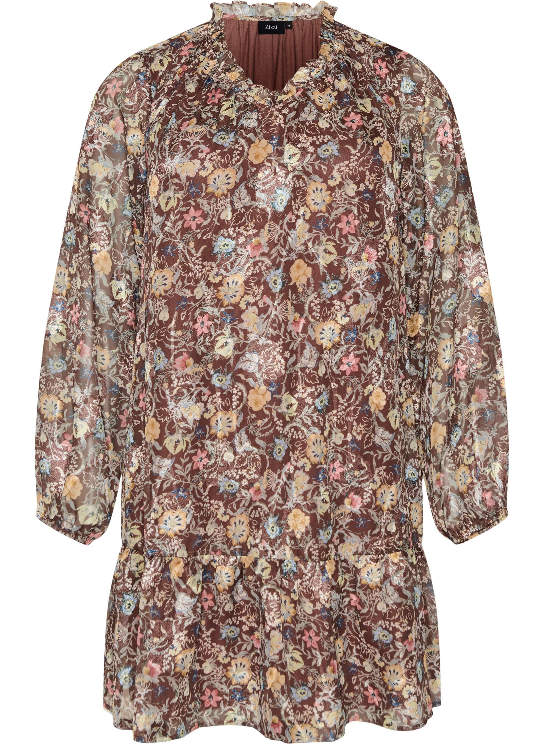 ZizziChiffonkjole med blomsterprint og fl&aelig;selag, Brun, Packshot image number 0