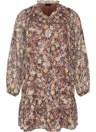 Chiffonkjole med blomsterprint og fl&aelig;selag, Brun