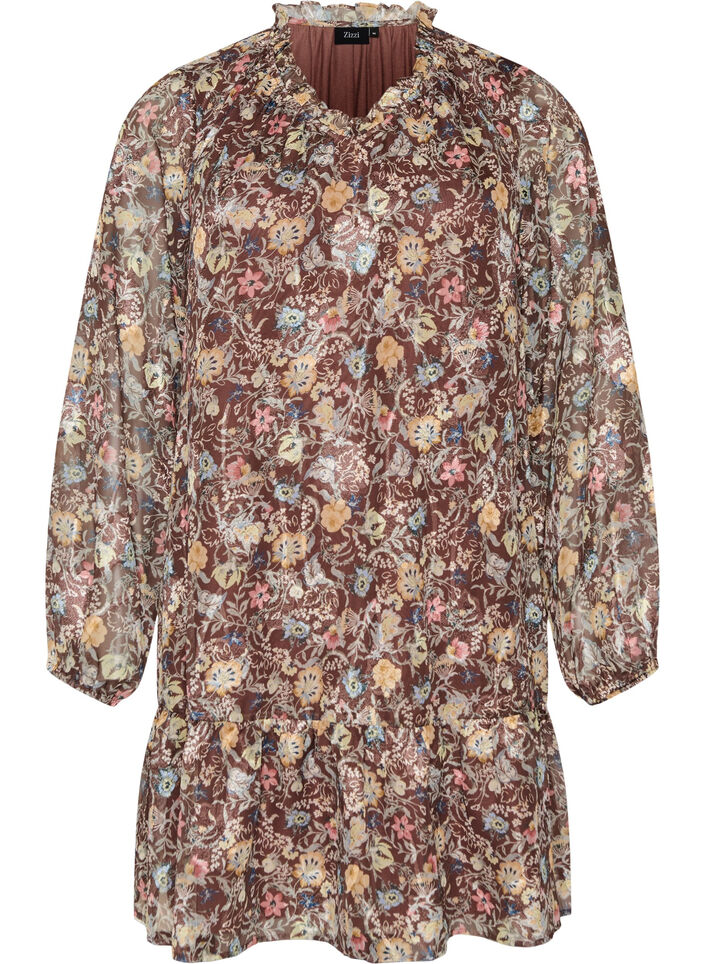 Chiffonkjole med blomsterprint og fl&aelig;selag, Brun, Packshot image number 0
