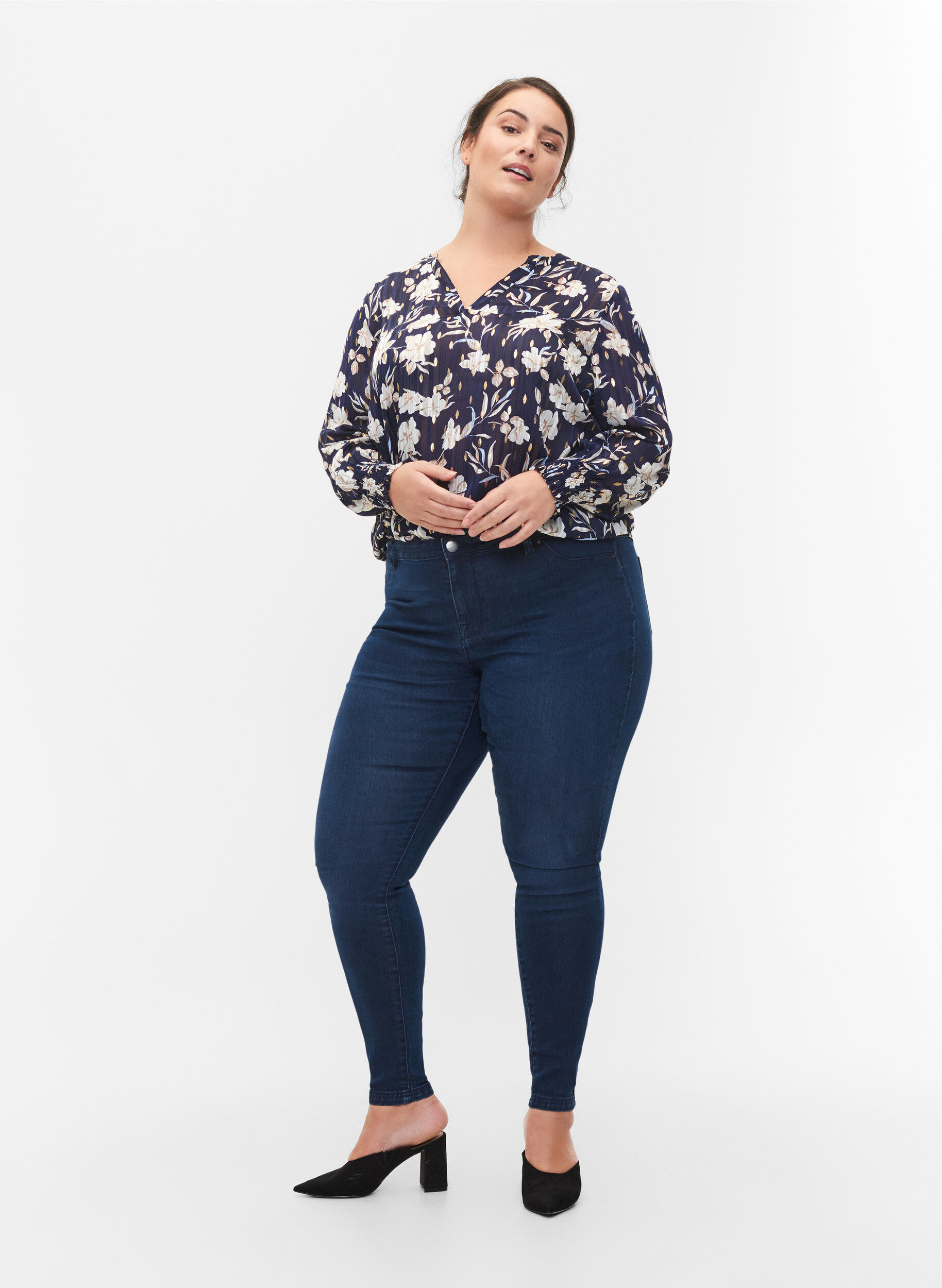 Jeggings i bomuldsblanding, Dark blue denim, Model