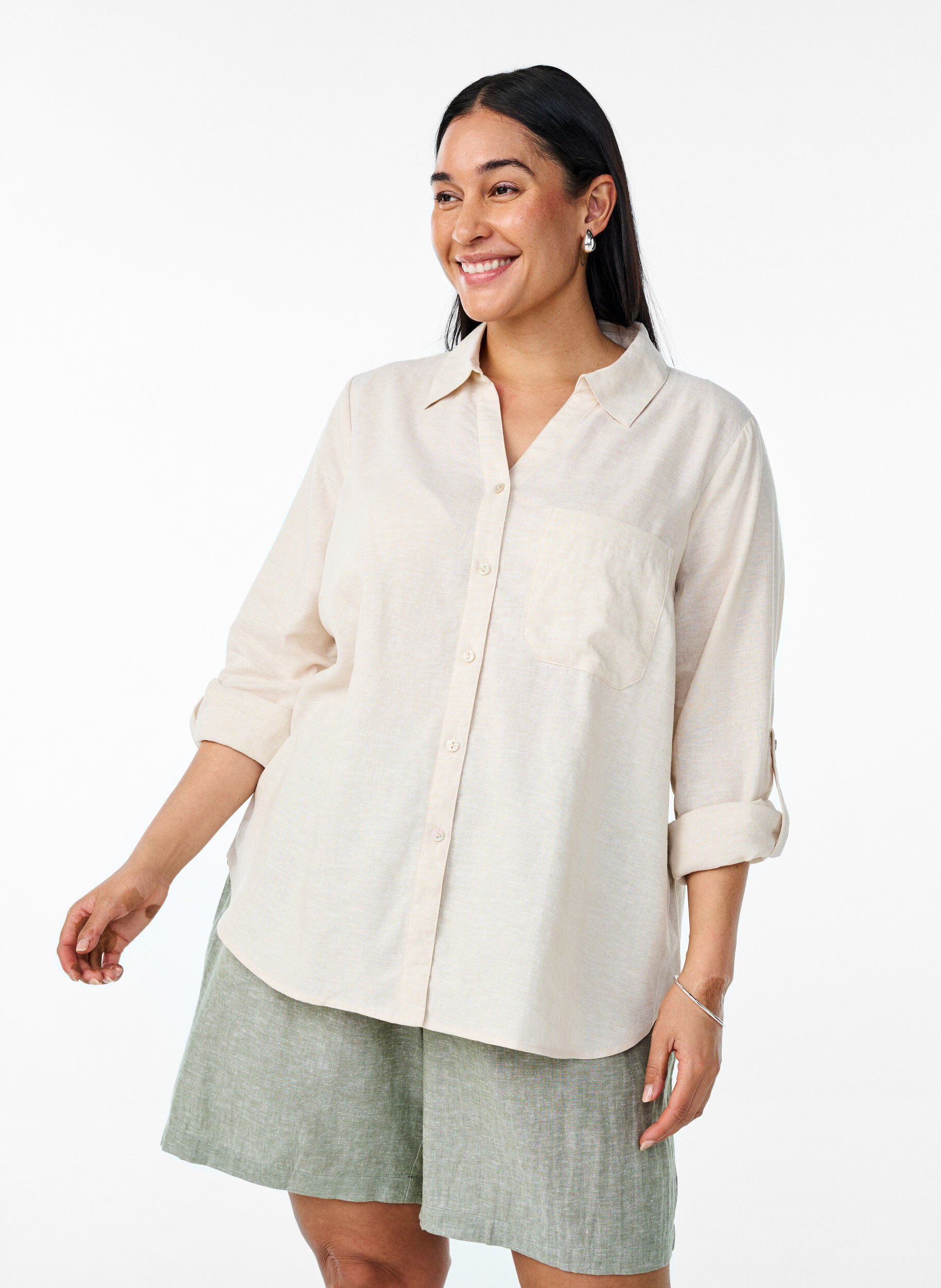ZizziSkjorte i h&oslash;r og viskose med 3/4-&aelig;rmer, Beige, Model image number 0