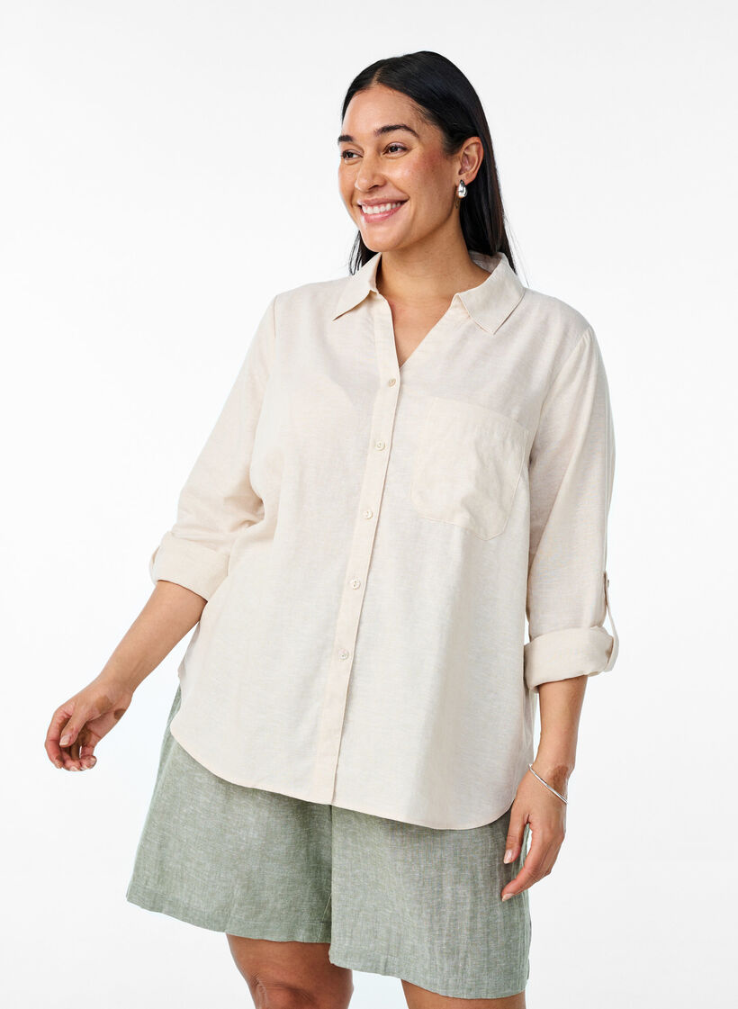 Skjorte i h&oslash;r og viskose med 3/4-&aelig;rmer, Beige, Model image number 0