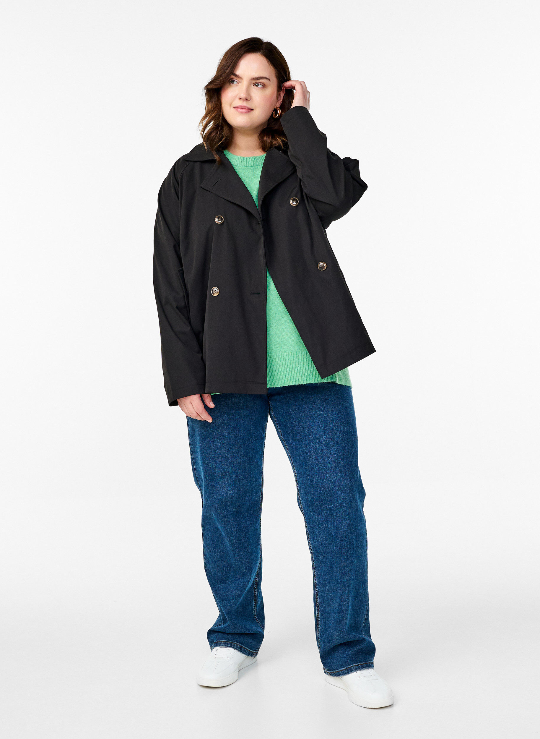Zizzi Kort trenchcoat med lommer, Sort, Model image number 1