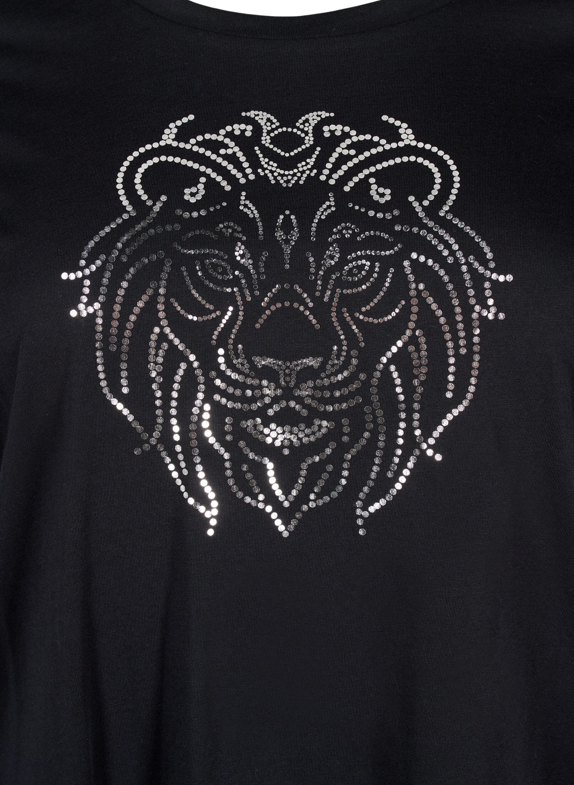 Zizzi Bomulds t-shirt med print, Black w. Silverlion, Packshot image number 2