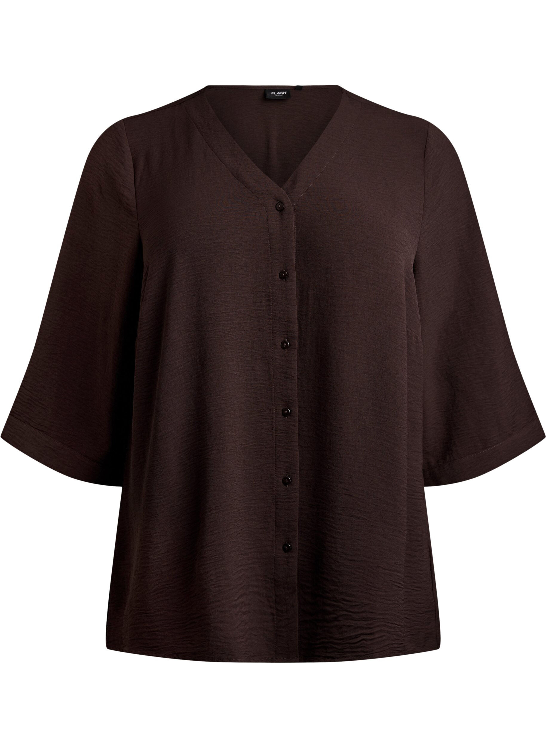 ZizziSkjortebluse med V-udsk&aelig;ring og 3/4-&aelig;rmer, Brun, Packshot image number 0