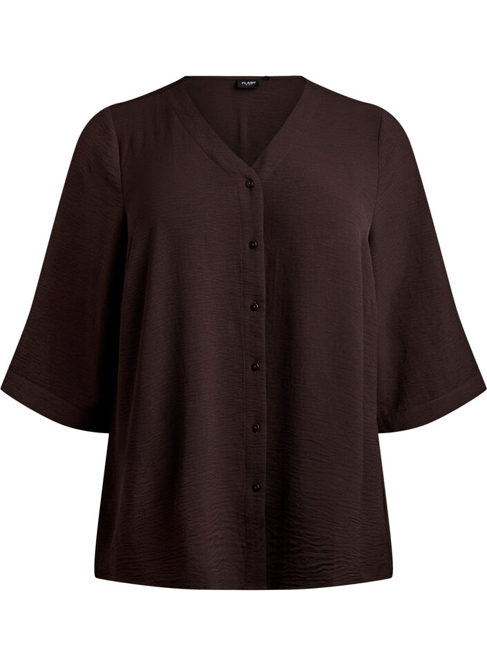 Skjortebluse med V-udsk&aelig;ring og 3/4-&aelig;rmer, Brun, Packshot image number 0