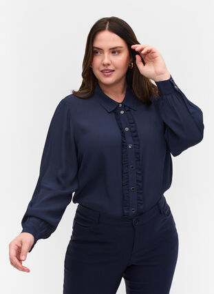 Viskose skjorte med knaplukning og flæsedetaljer, Navy Blazer, Model image number 0