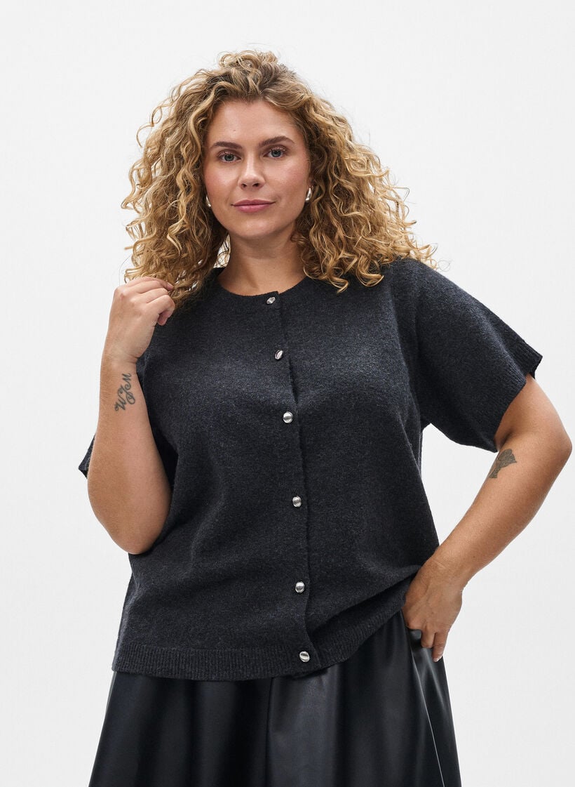 Strik cardigan med korte &aelig;rmer, Gr&aring;, Model image number 0