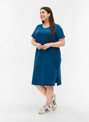 Kortærmet kjole i bomuld med slids, Majolica Blue, Model image number 2