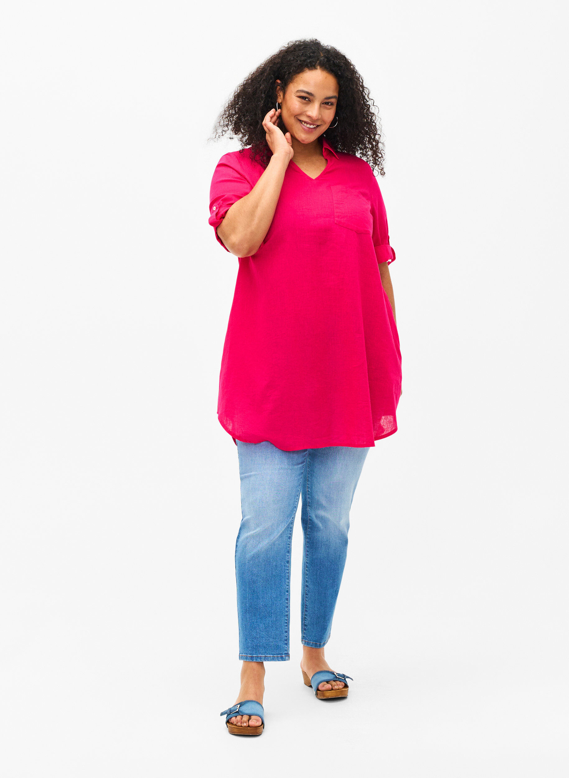 Zizzi Kort&aelig;rmet tunika i bomuldsmix med h&oslash;r, Bright Rose, Model image number 2