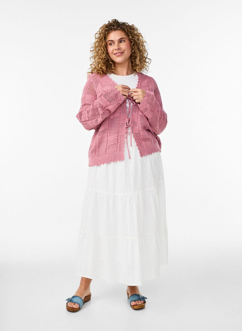 Strikket cardigan med bindeb&aring;nd og hulm&oslash;nster, Lyser&oslash;d, Model image number 1