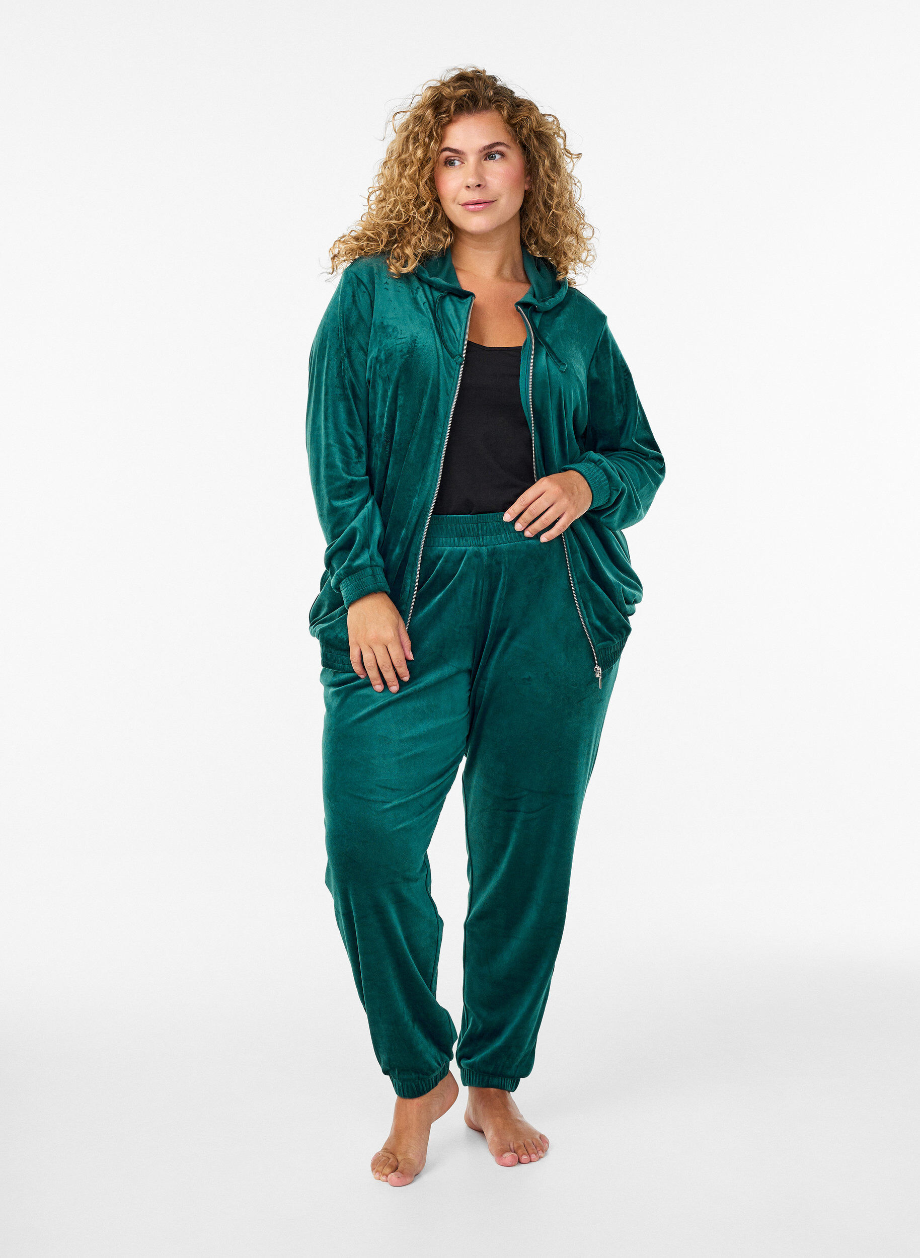 Zizzi Velour cardigan med lynl&aring;s og h&aelig;tte , Gr&oslash;n, Model image number 1