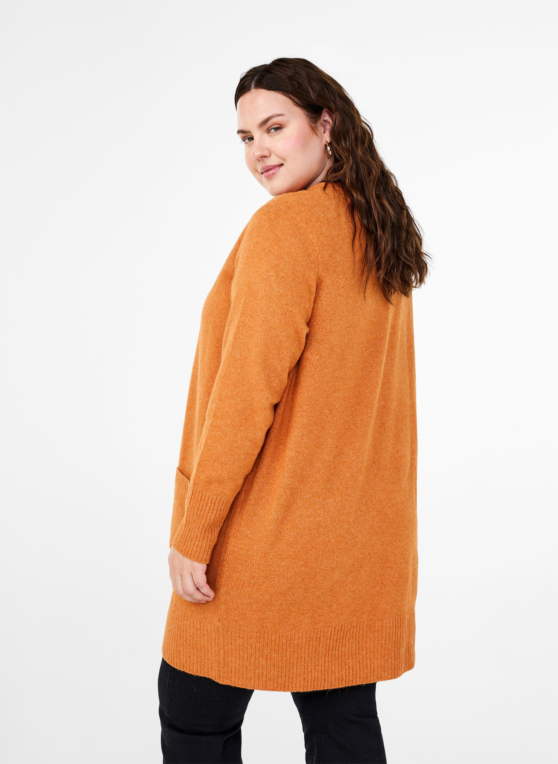 Zizzi Meleret strik cardigan med lommer, Orange, Model image number 2