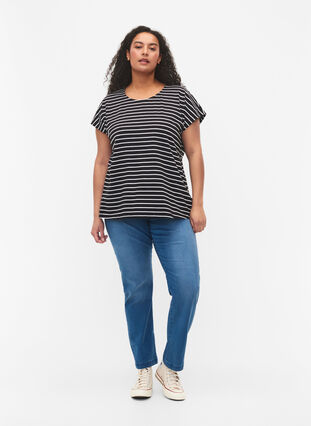 Bomulds t-shirt med striber, Black W. Stripe, Model image number 2