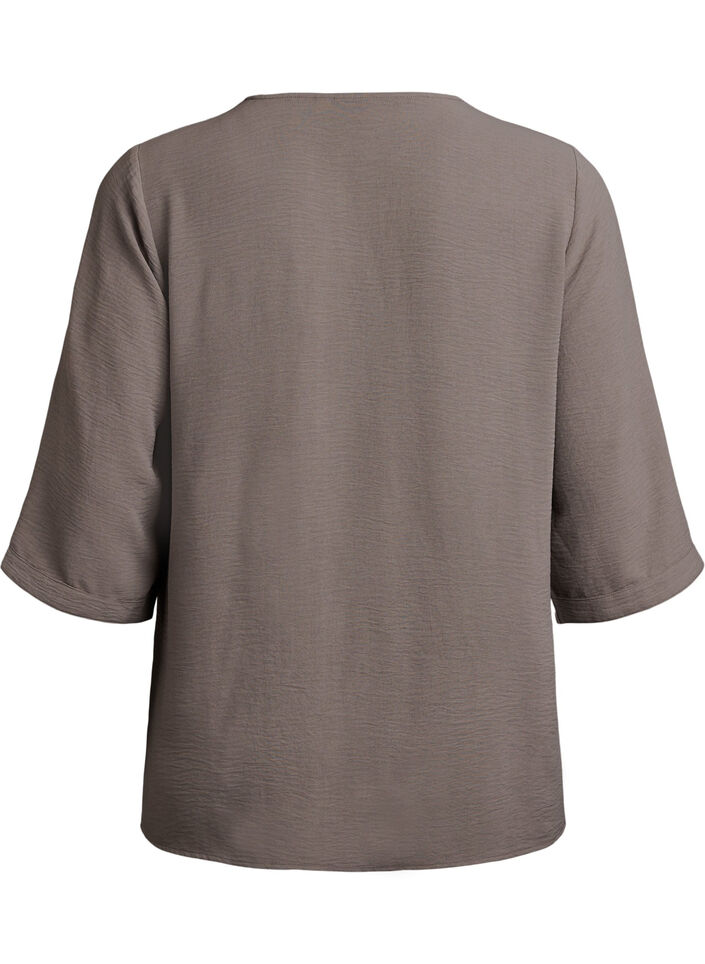 Skjortebluse med V-udsk&aelig;ring og 3/4-&aelig;rmer, Beige, Packshot image number 1