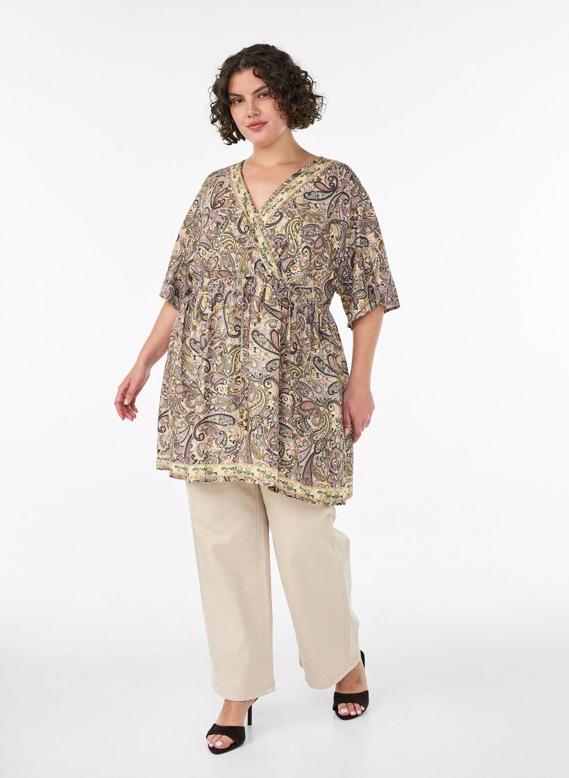 Tunika i viskose med paisleyprint og bindeb&aring;nd, Gul, Model image number 1