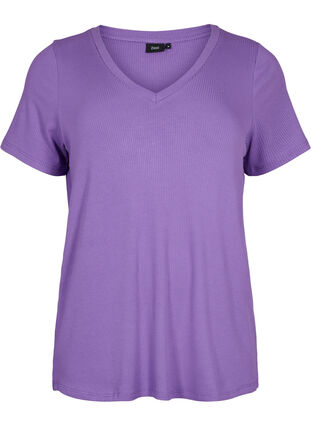 Viskose t-shirt med rib og v-hals, Deep Lavender, Packshot image number 0