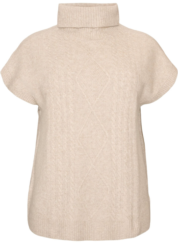 Strikvest med rullekrave og kabelstrik, Beige, Packshot image number 0