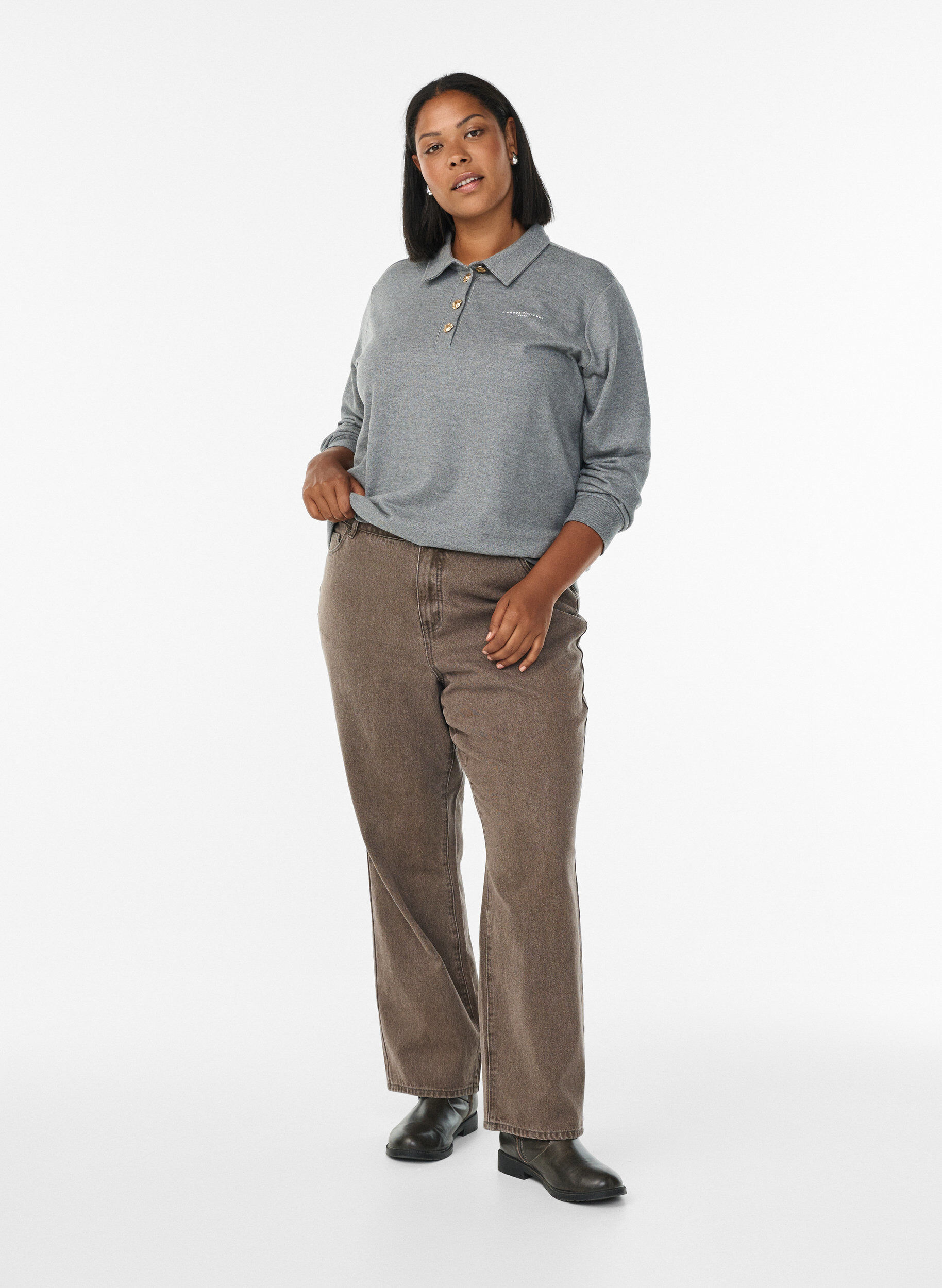 Zizzi Sweat poloshirt med dekorative knapper, Gr&aring;, Model image number 1