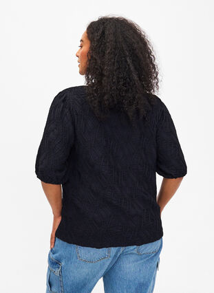 Bluse med tekstur og korte ærmer, Black, Model image number 1