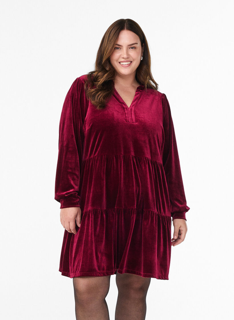 Kort velourkjole med fl&aelig;sekrave og lange &aelig;rmer, R&oslash;d, Model image number 0