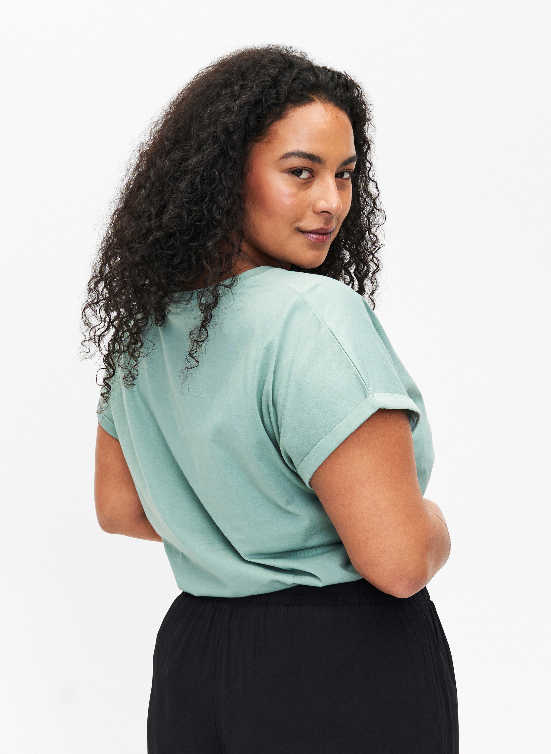 Zizzi T-shirt i &oslash;kologisk bomuld med guldtryk, Ch.Green Gold Flower, Model image number 1